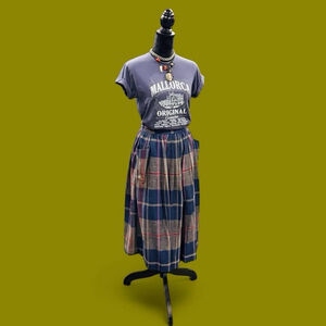 Vintage 90s Whistles Sport Plaid Midi Skirt S Blue 100% Cotton Farm Cottagecore